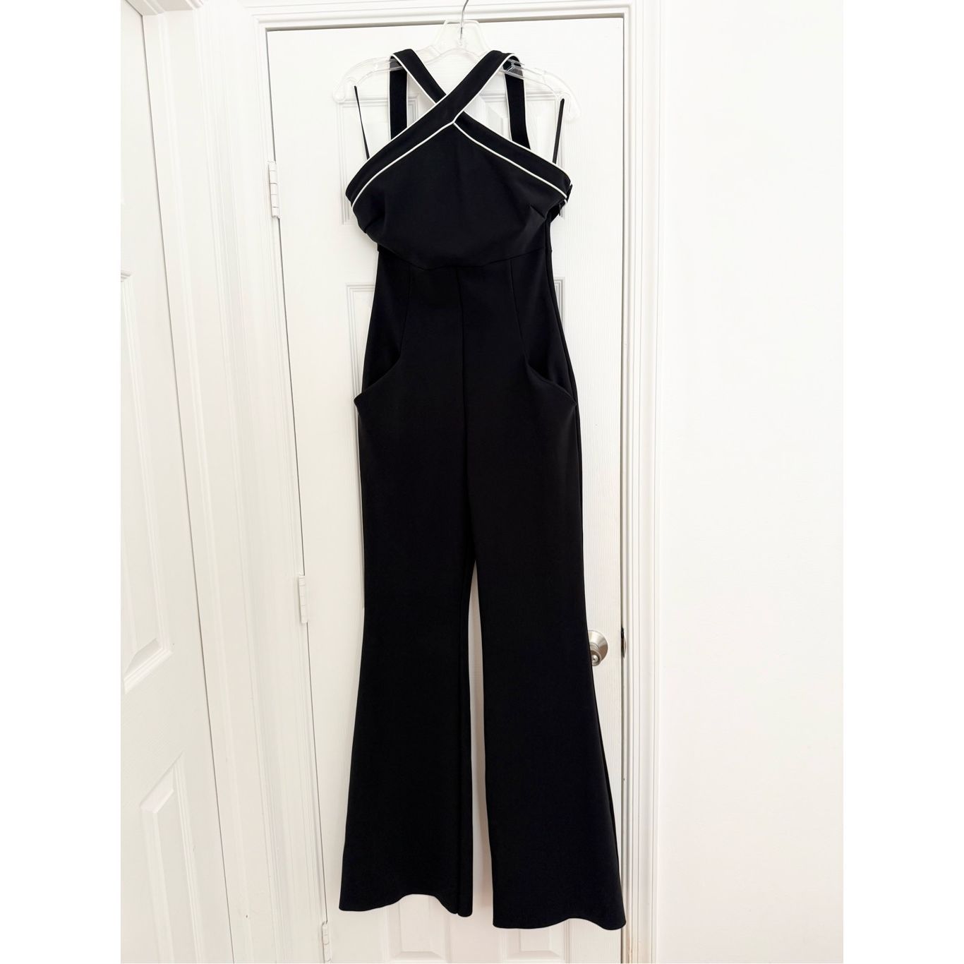 Chiara Boni La Petite Robe Black Aucan Piping Crisscross Halter Jumpsuit 6 Nwt